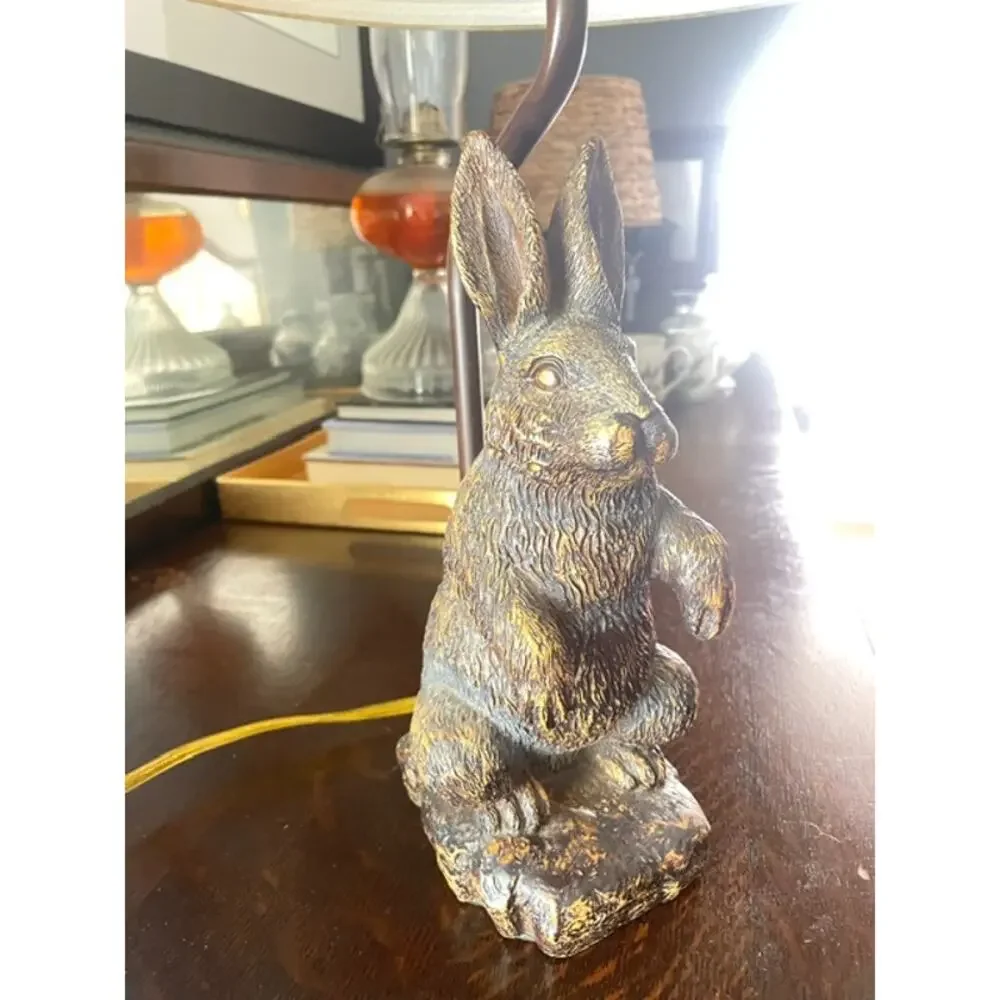 Vintage Bronze Tone Rabbit Table Lamp Woodland Cottagecore Nursery Decor Light